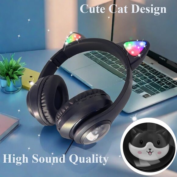 Cartoon Cat Light Up Ears Bluetooth Headphones fits teens and adults - Picture 2 of 5